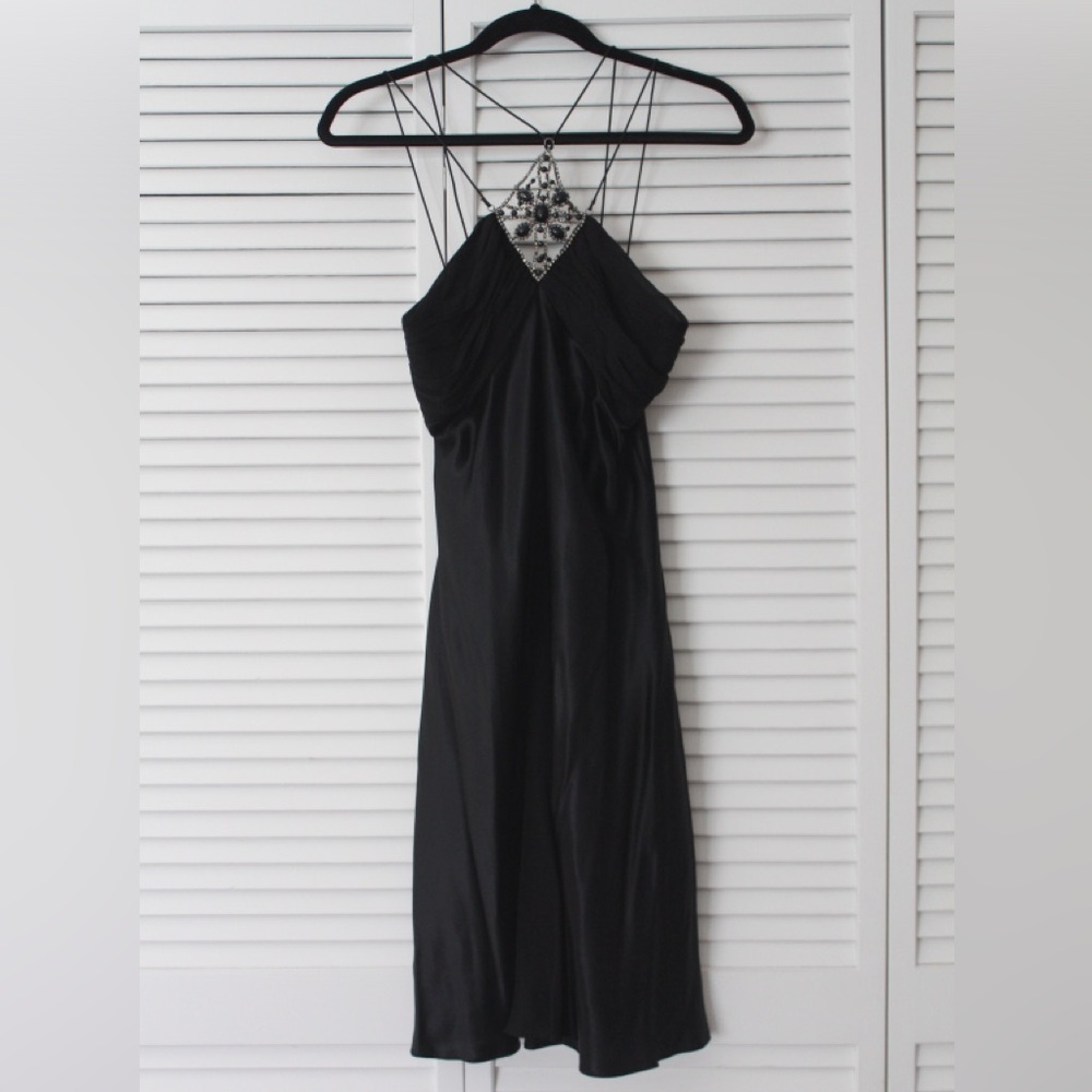 Nine West Black Silk Dress with Rhinestone Neck Piece